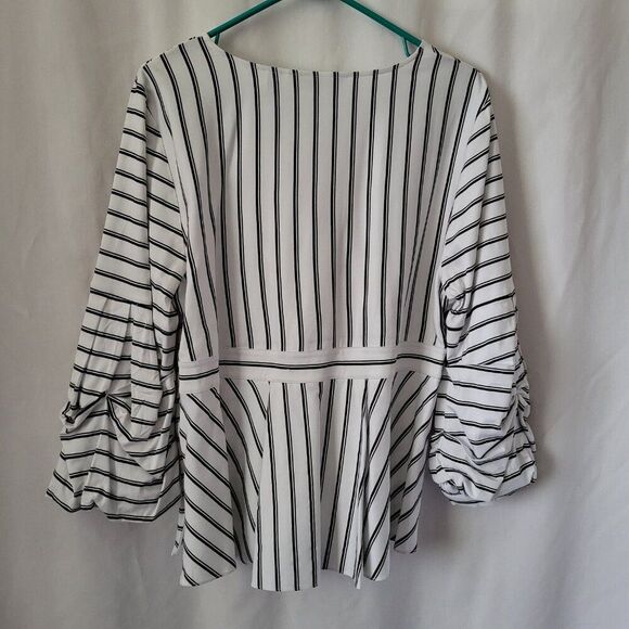 Du Jour QVC Blouse wrap side zip Sz 16 B/W stripes Rayon BOHO Chic puff playful - Picture 2 of 16
